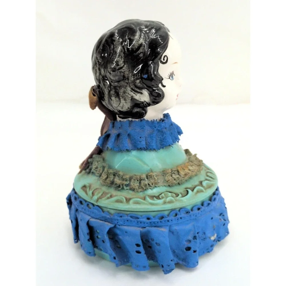 Vintage Victorian Half Doll Porcelain Lady Dresser Box Ceramic Powder Jar